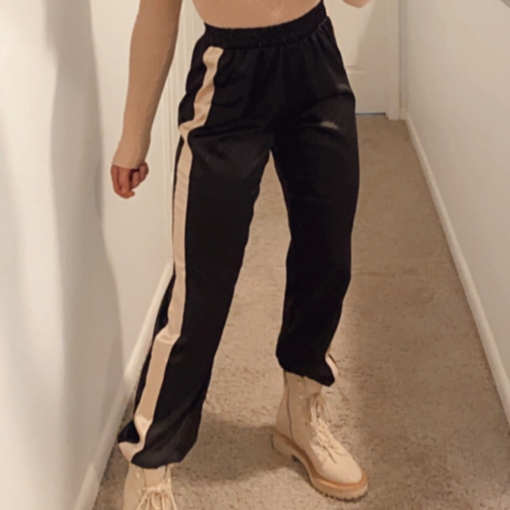 Windsor Black Satin Joggers with Cream Stripe